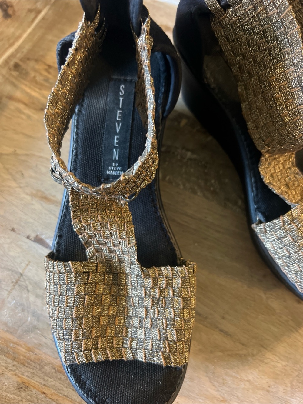 Steve Madden Gold Woven T-Strap Wedge Sandals